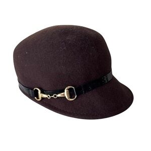 Callanan Millinery Cloche Brown Wool Felt Gold horse buckle bit black strap Hat